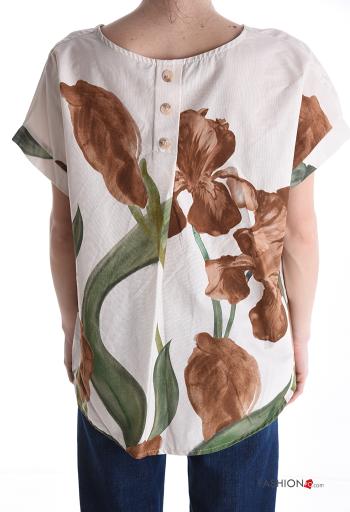 Blouse en Coton manches courtes col rond à Imprimé Floral à boutons - ph 2