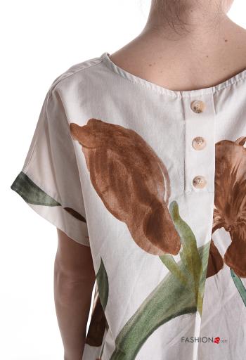 Blouse en Coton manches courtes col rond à Imprimé Floral à boutons - ph 4