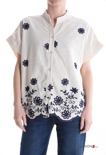 Chemise en Lin manches courtes à broderie à boutons