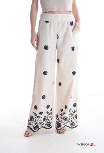 Pantalon en Lin taille haute wide leg à broderie avec poches avec élastique