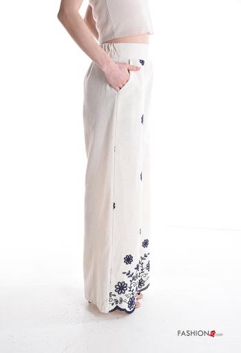 Embroidered high waist wide leg Linen Trousers with pockets with elastic - ph 3
