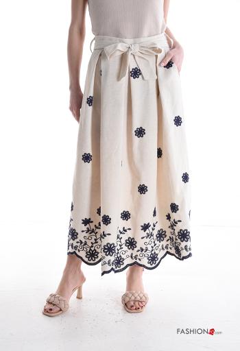 Embroidered full Linen Skirt with fabric belt with elastic with pockets - ph 1