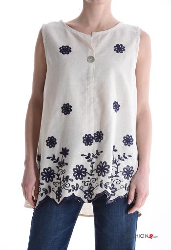 Top en Lin sans manches à broderie à boutons - ph 1