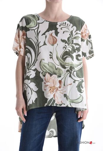 Blusa in Cotone asimmetrico maniche corte girocollo Fantasia floreale