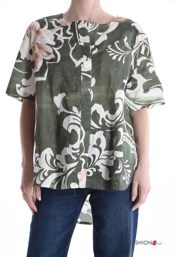 Blusa em Algodão manga curta Floral com botões