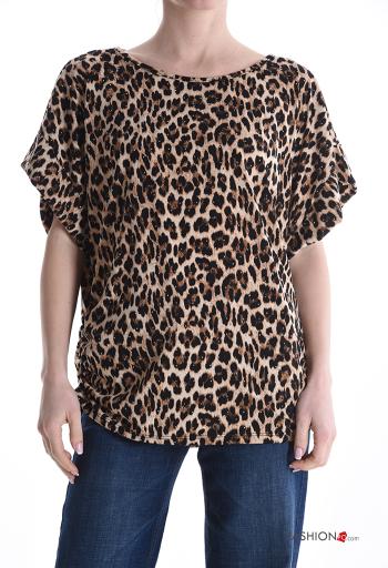 Blusa brilhante manga curta gola redonda Padrão animal com strass