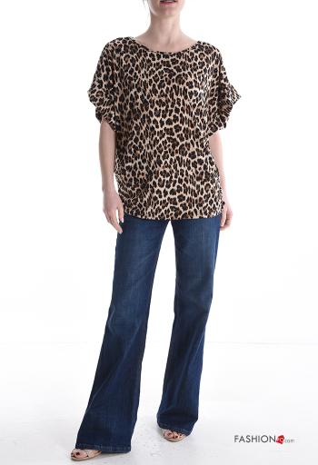 Blusa brilhante manga curta gola redonda Padrão animal com strass - ph 5