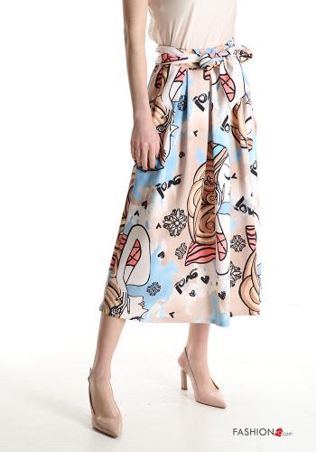 Patterned Longuette Skirt with elastic with sash with pockets