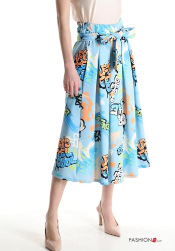 Patterned Longuette Skirt with elastic with sash with pockets