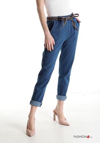 denim Cotton Trousers with belt with pockets