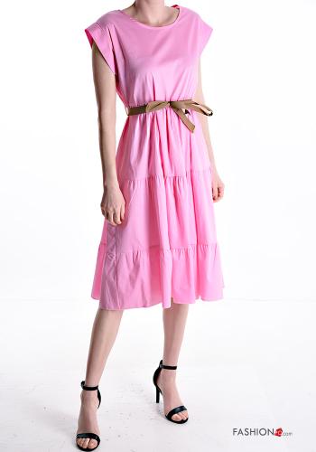 short sleeve knee-length Cotton Dress with flounces with ribbon
