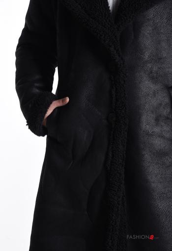 Kunstleder Kunstfell Mantel mit Knöpfen ohne Futter mit Taschen - ph 4