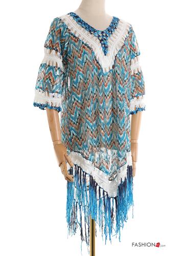 Chevron print Cover up with v-neck 3/4 sleeve with fringe