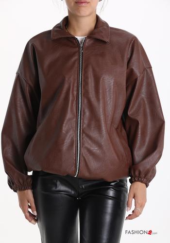 Veste faux cuir à collet avec fermeture éclair avec doublure avec poches - ph 1