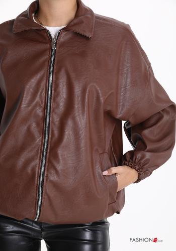 Veste faux cuir à collet avec fermeture éclair avec doublure avec poches - ph 4