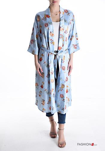 Kimono satin Imprimé objet avec ceinture en tissu manches à trois-quarts - ph 1