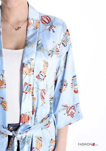 Kimono satin Imprimé objet avec ceinture en tissu manches à trois-quarts - ph 4