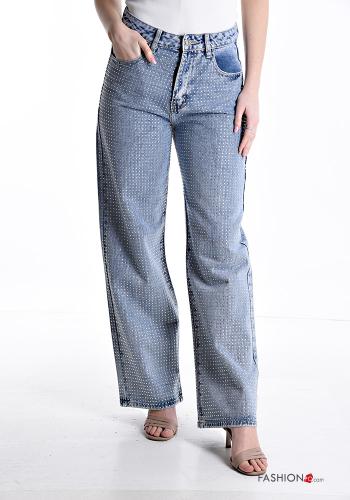 Jeans in Cotone wide leg con bottoni con strass con zip con tasche
