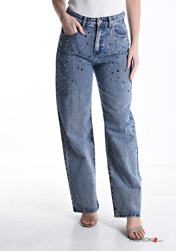 Jeans in Cotone denim wide leg con strass con borchie