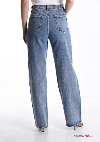 denim wide leg Cotton Jeans with rhinestones with studs - ph 2