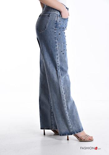 denim wide leg Cotton Jeans with rhinestones with studs - ph 3