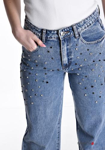 denim wide leg Cotton Jeans with rhinestones with studs - ph 4