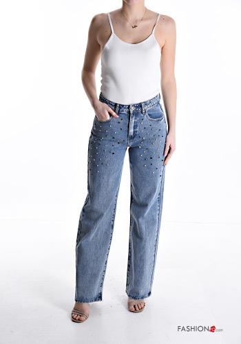 denim wide leg Cotton Jeans with rhinestones with studs - ph 5