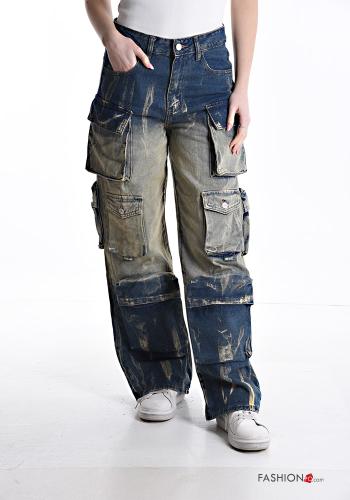 Jeans en Coton à boutons avec fermeture éclair avec poches