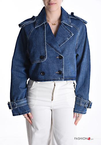 denim double-breasted Cotton Biker Jacket with buttons - ph 1