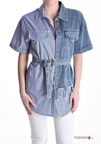 Streifenmuster Denim kurze ärmel Hemd aus Baumwolle mit Gürtel mit Taschen - ph 1