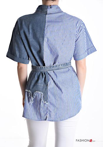 Streifenmuster Denim kurze ärmel Hemd aus Baumwolle mit Gürtel mit Taschen - ph 2