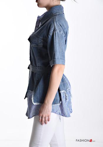Streifenmuster Denim kurze ärmel Hemd aus Baumwolle mit Gürtel mit Taschen - ph 3