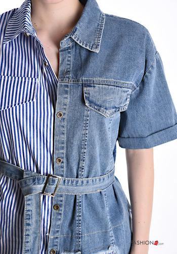 Streifenmuster Denim kurze ärmel Hemd aus Baumwolle mit Gürtel mit Taschen - ph 4
