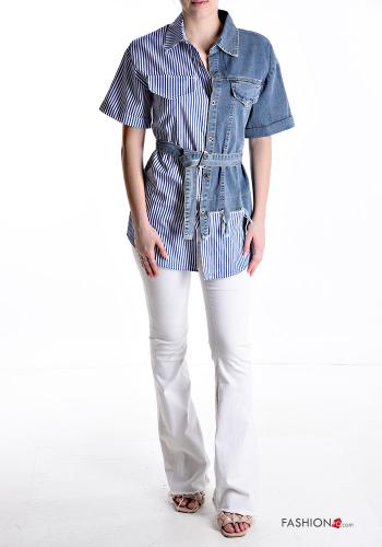 Streifenmuster Denim kurze ärmel Hemd aus Baumwolle mit Gürtel mit Taschen - ph 5