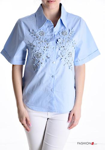 Camicia in Cotone corto maniche corte con colletto Fantasia ricamata con bottoni con strass - ph 1