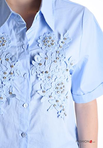 Camicia in Cotone corto maniche corte con colletto Fantasia ricamata con bottoni con strass - ph 4