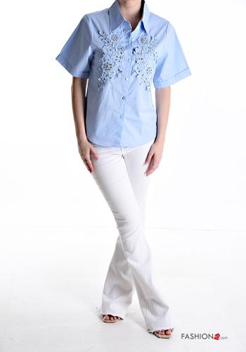 Camicia in Cotone corto maniche corte con colletto Fantasia ricamata con bottoni con strass - ph 5