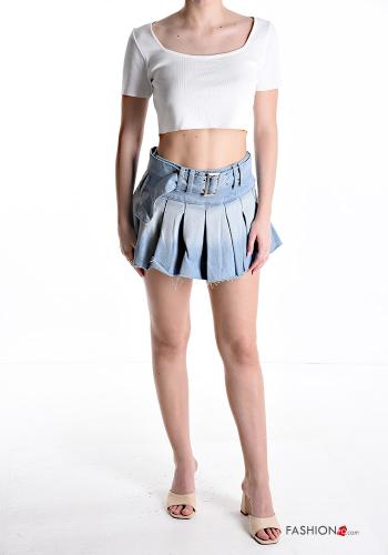 Minigonna in Cotone con fibbia plissé denim con cintura - ph 5