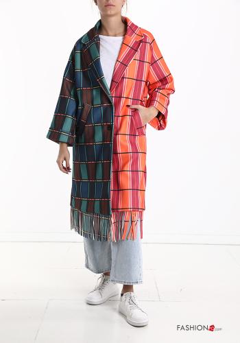 Tartan-Muster Mantel mit Knöpfen mit Futter mit Fransen mit Taschen - ph 1