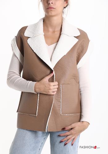 faux leather faux fur Gilet with pockets