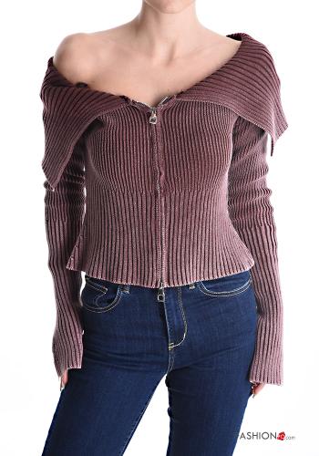 Gerippte extra lange ärmel Strickjacke aus Baumwolle mit Reißverschluss bardot-ausschnitt - ph 1