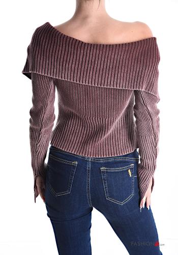 Gerippte extra lange ärmel Strickjacke aus Baumwolle mit Reißverschluss bardot-ausschnitt - ph 2