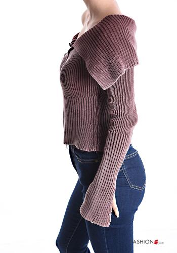 Gerippte extra lange ärmel Strickjacke aus Baumwolle mit Reißverschluss bardot-ausschnitt - ph 3