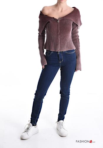 Gerippte extra lange ärmel Strickjacke aus Baumwolle mit Reißverschluss bardot-ausschnitt - ph 5