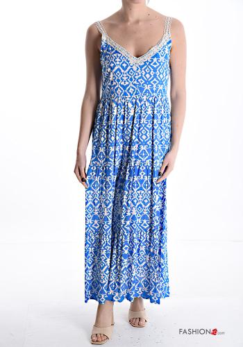 Geometric pattern sleeveless long lace trim Dress with flounces with v-neck