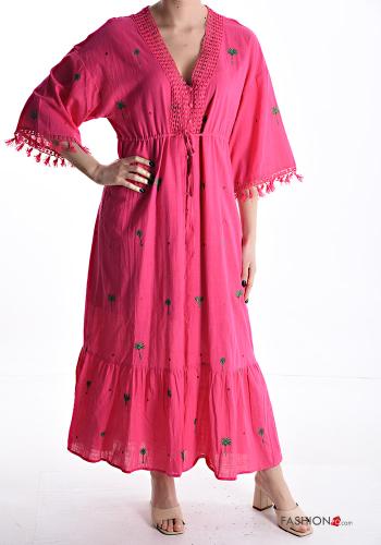 Embroidered long Cotton Dress with bow with fringe 3/4 sleeve with v-neck with flounces