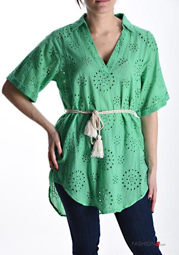 short sleeve with collar Cotton Tunic with string broderie anglaise with v-neck