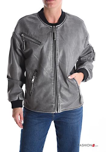 faux leather Bomber Jacket with pockets with zip - ph 1