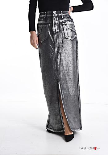Gonna in Cotone metallizzato denim Longuette con tasche con spacco - ph 1