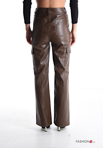 Kunstleder hoher Taille Hose mit Knöpfen mit Reißverschluss mit Taschen - ph 2